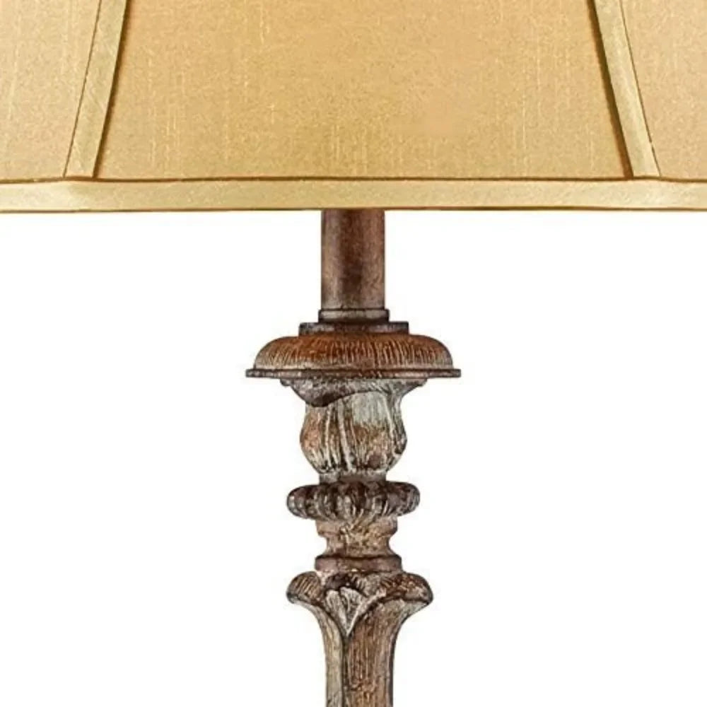 Antique Candlestick Style Floor Lamp Standing 62" Tall With Silk Fabric Bell Shade