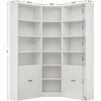 71" Corner Bookshelf with 2 Storage Cabinets and 7 Tier Adjustable Shelves
