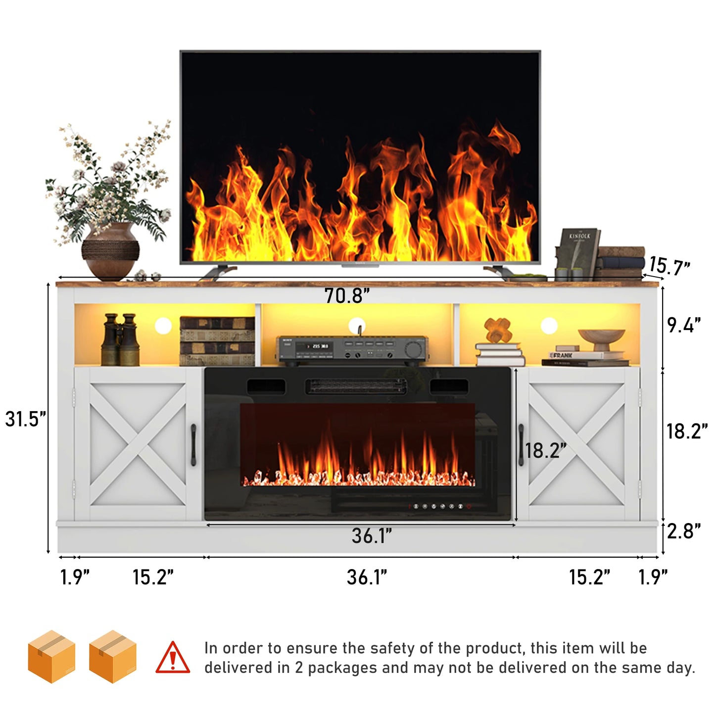 Farmhouse Fireplace TV Stand for 70/75/80” TV, 71” Entertainment Center with 36”Electric Fireplace & LED Light, White/Grey