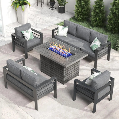 5 Piece Aluminum Patio Furniture Set with Fire Pit Table