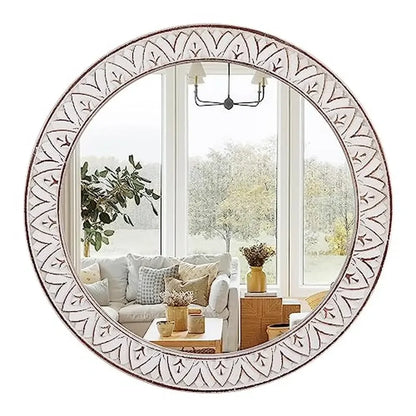 24" Round Distressed Wooden Frame - Decorative Wall Mirror