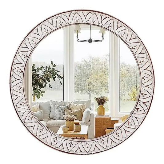 24" Round Distressed Wooden Frame - Decorative Wall Mirror