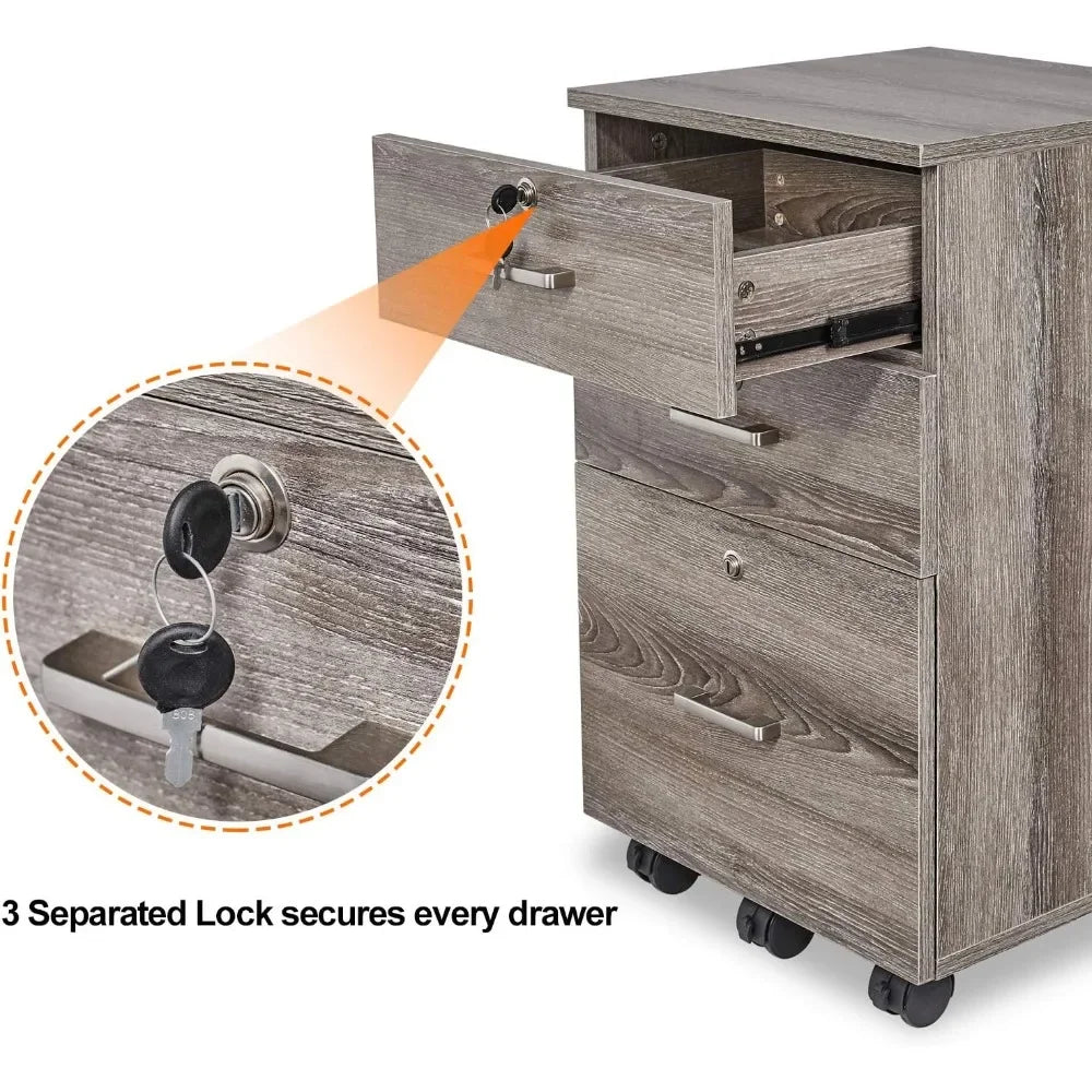 3 Drawer Rolling File Cabinet with Lock for Home Office