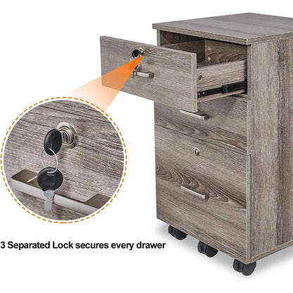 3 Drawer Rolling File Cabinet with Lock for Home Office