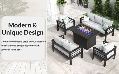 5 Piece Aluminum Patio Furniture Set with Fire Pit Table