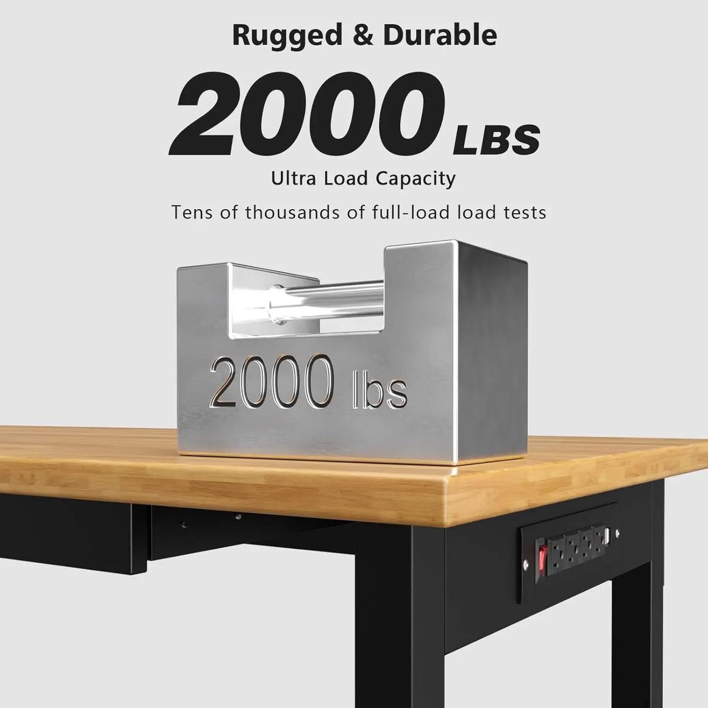 Rubber Wood Rolling Work Bench with Power Outlet