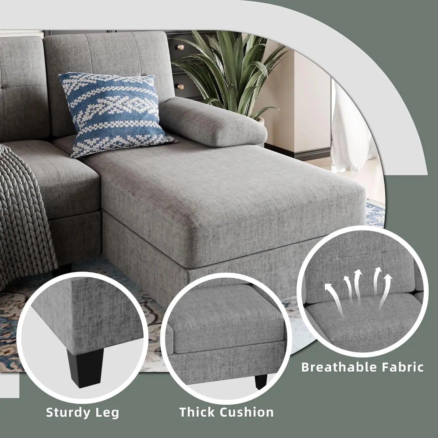 U-Shaped Sectional Sofa with Double Chaise with High-Density Cushions