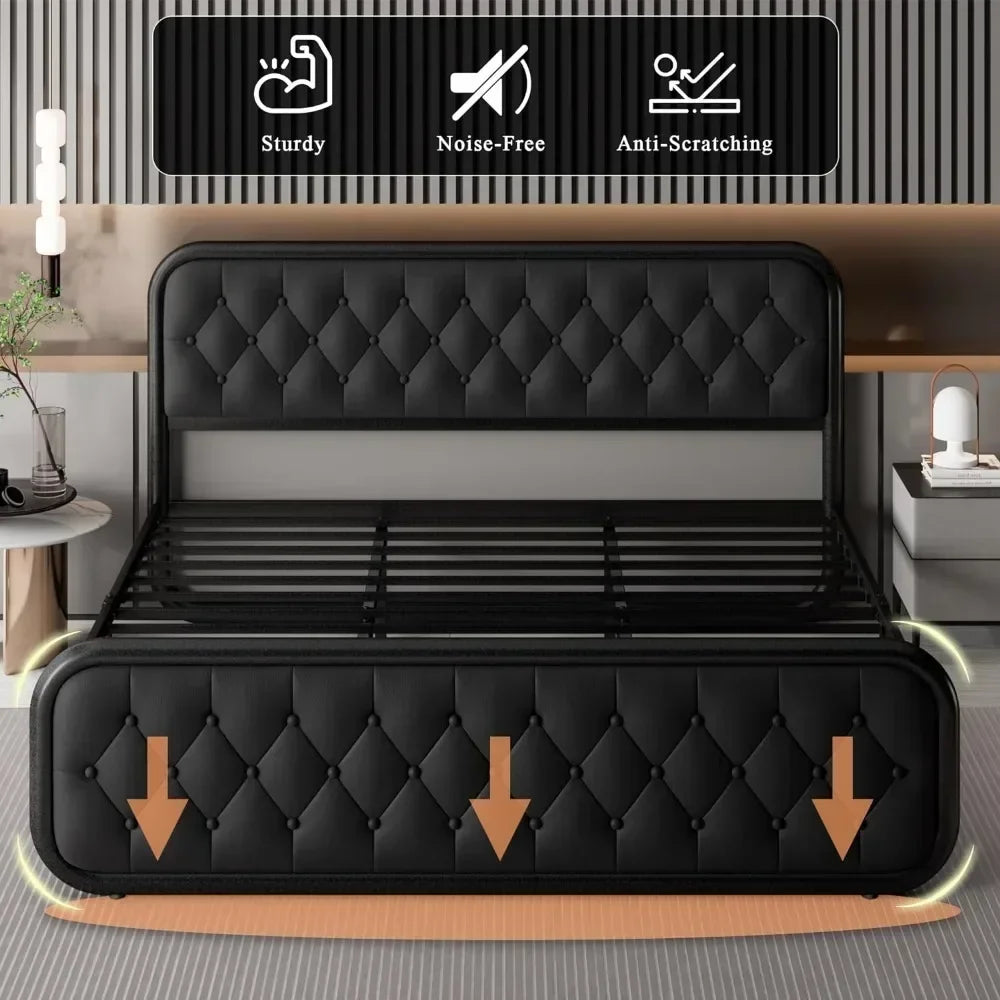Heavy Duty Bed Frame With Faux Leather Headboard And Under-Bed Storage