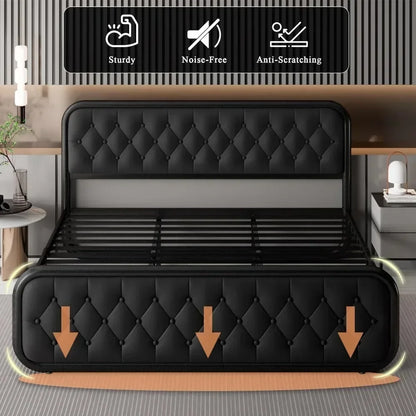 Heavy Duty Bed Frame With Faux Leather Headboard And Under-Bed Storage