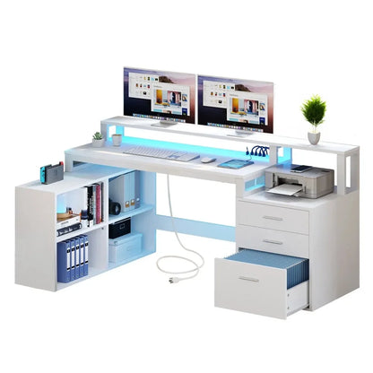 65" L Shaped Desk With Power Outlets, Monitor Stand And LED Light