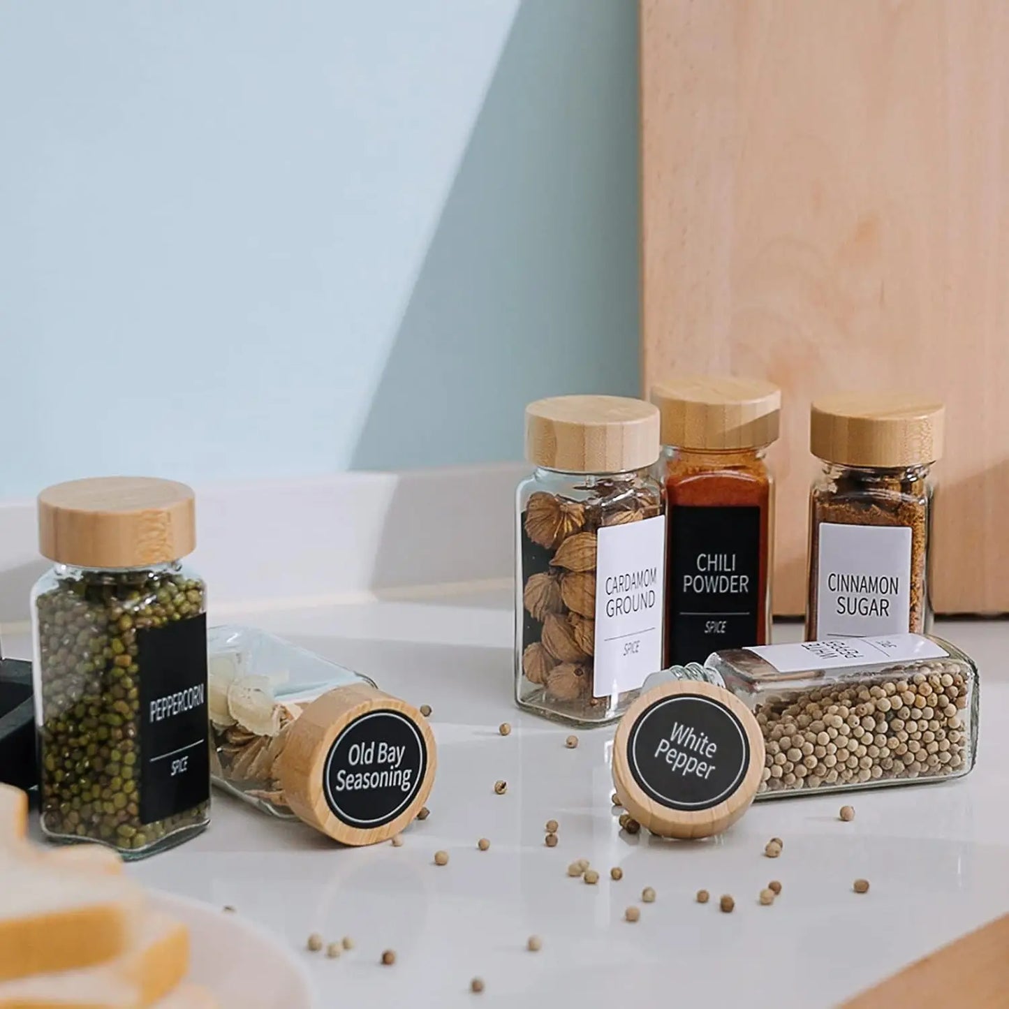 48 - 4 Oz Glass Spice Containers with Bamboo Shaker Lids and Labels