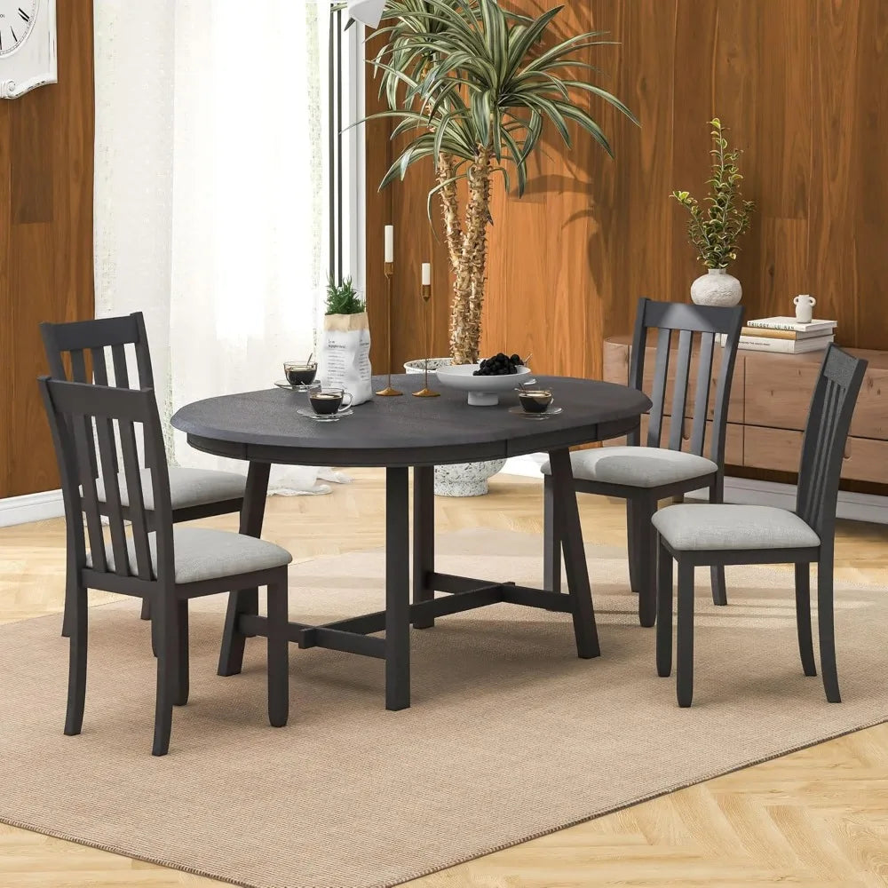 Extendable Round Wood Dining Room Table Set with Upholstered Chairs of 4-6 Persons