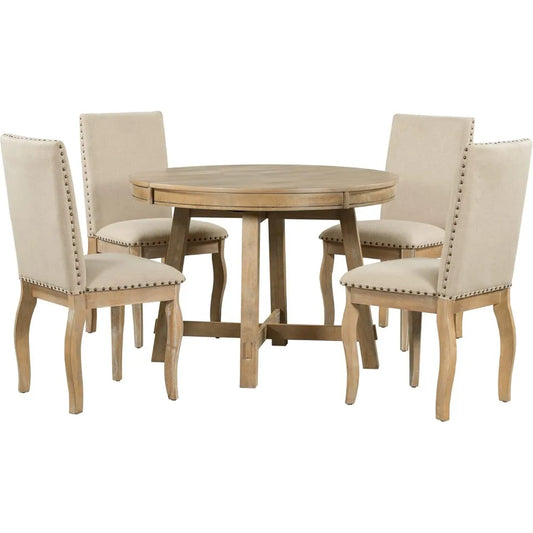 Extendable Round Wood Dining Room Table Set with Upholstered Chairs of 4-6 Persons