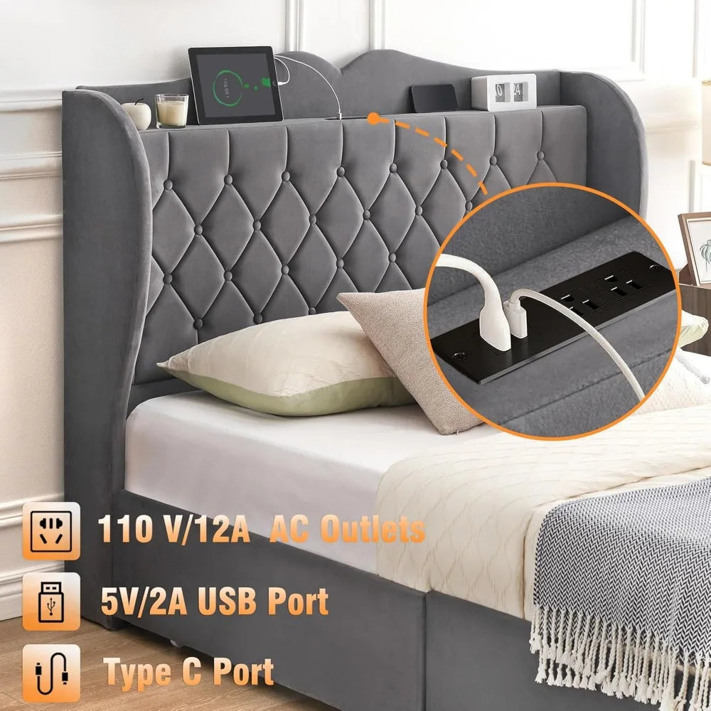 Velvet Upholstered Platform Bed with Tall Headboard, Charging Station and 4 Storage Drawers
