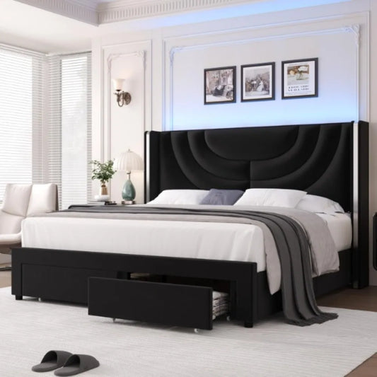 Upholstered Bed Frame with 2 Storage Drawers