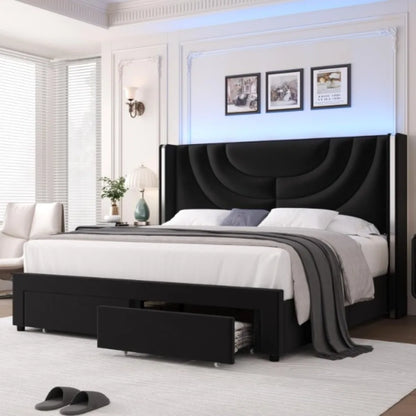 Upholstered Bed Frame with 2 Storage Drawers
