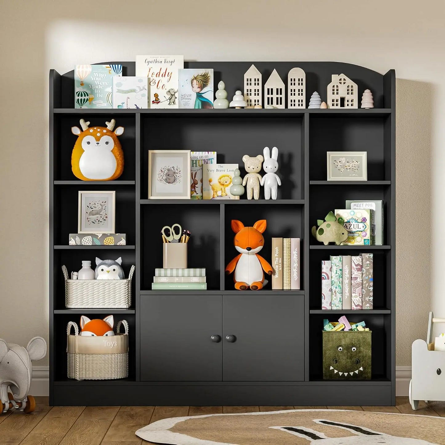 Freestanding Bookcase with 11 Cubbies and 2 Cabinets