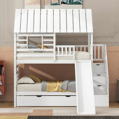 Kids Twin Over Twin Solid Wood Playhouse Bunk Beds with Slide and Trundle