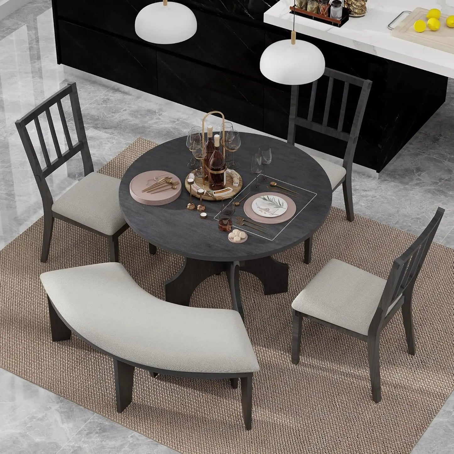 5 Piece Solid Wood 44” Round Dining Table with Upholstered Curved Bench and 3 Upholstered Chairs
