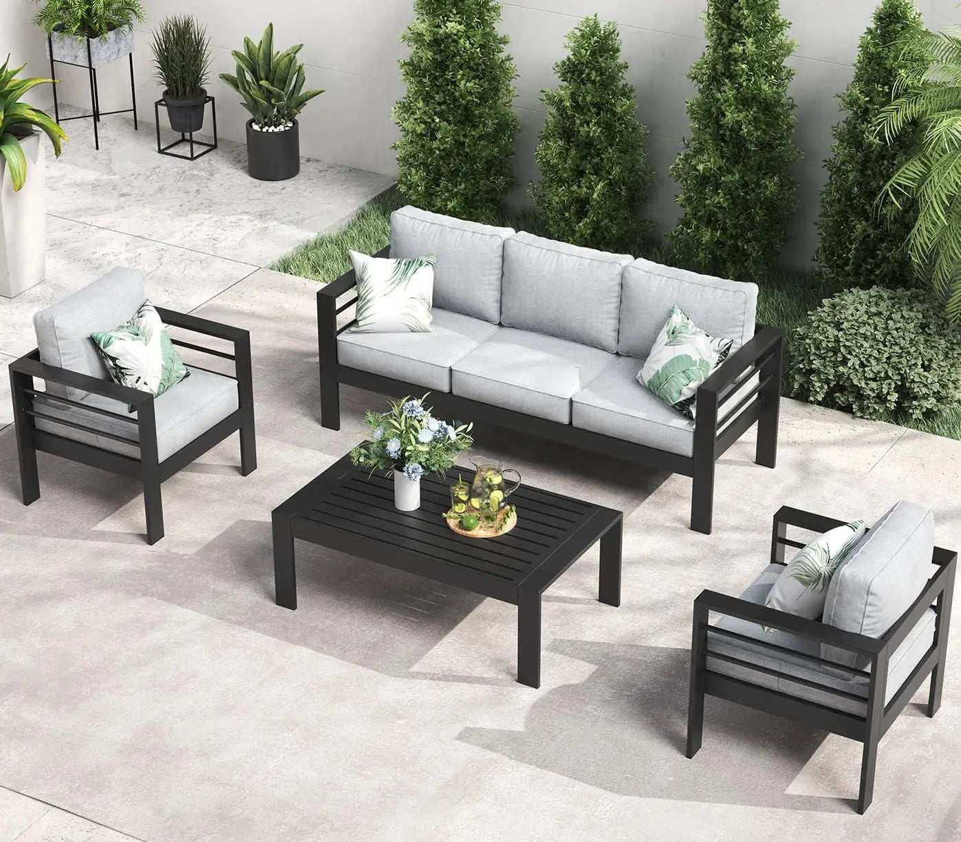 5 Piece Aluminum Patio Furniture Set with Fire Pit Table