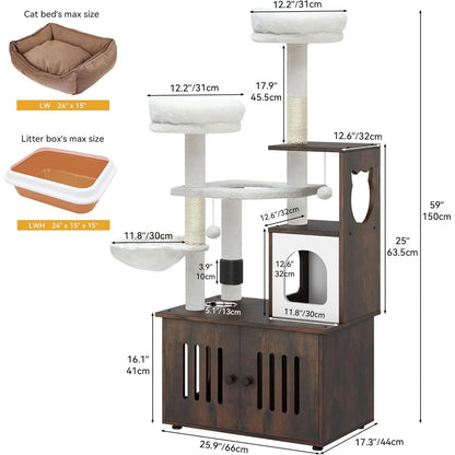 Indoor Cat Tree with Wood House And Litter Box Enclosure