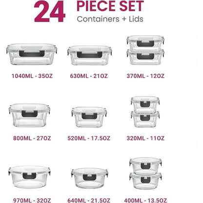 24 Piece Glass Storage Containers with Lids - Dishwasher Safe Containers