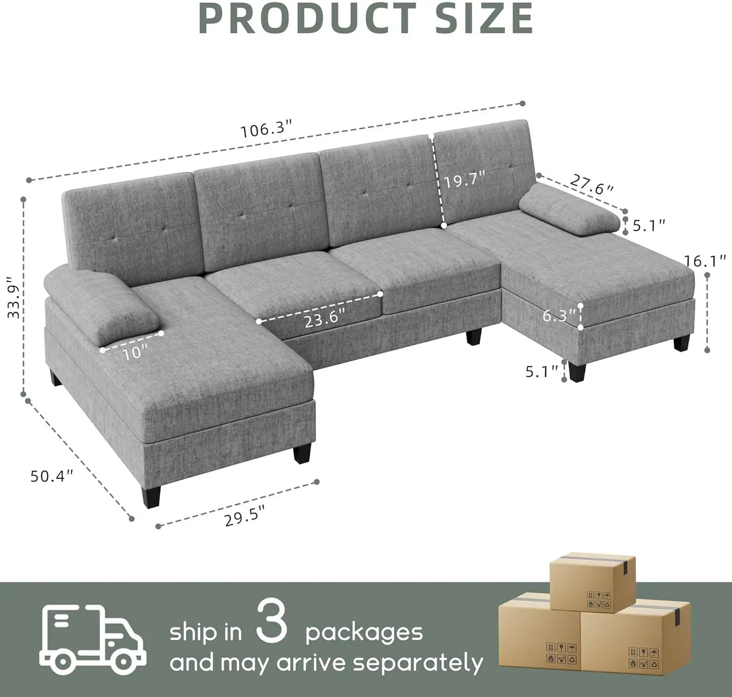 U-Shaped Sectional Sofa with Double Chaise with High-Density Cushions