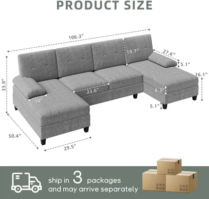 U-Shaped Sectional Sofa with Double Chaise with High-Density Cushions