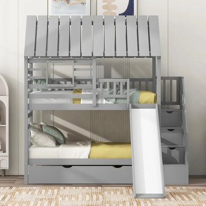Kids Twin Over Twin Bunk Beds with Slide and Trundle with Stairs and Storage