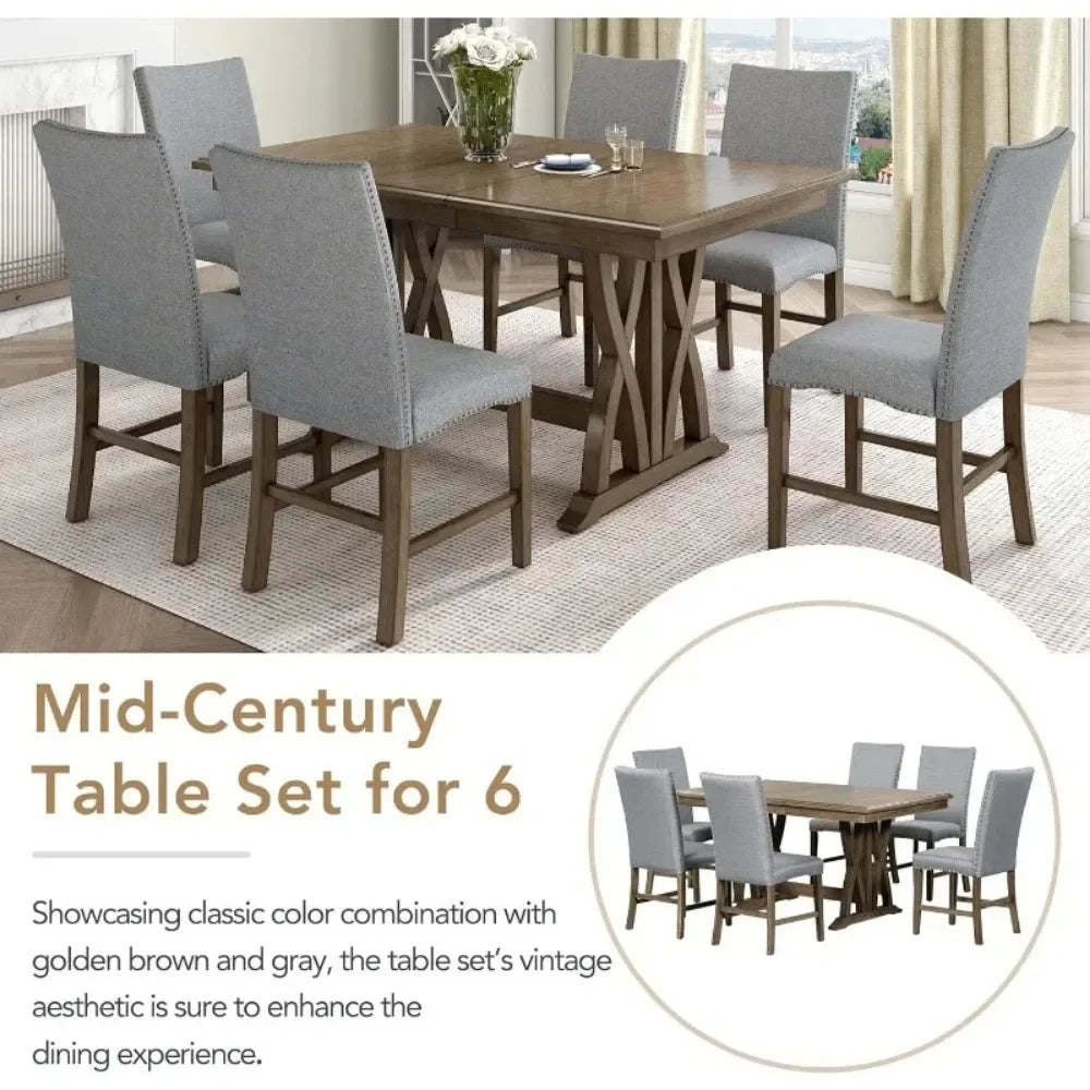 7-Piece Wooden Dining Table Set with 6 Upholstered Chairs