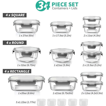 34pc Glass Food Storage Containers with Lids Set
