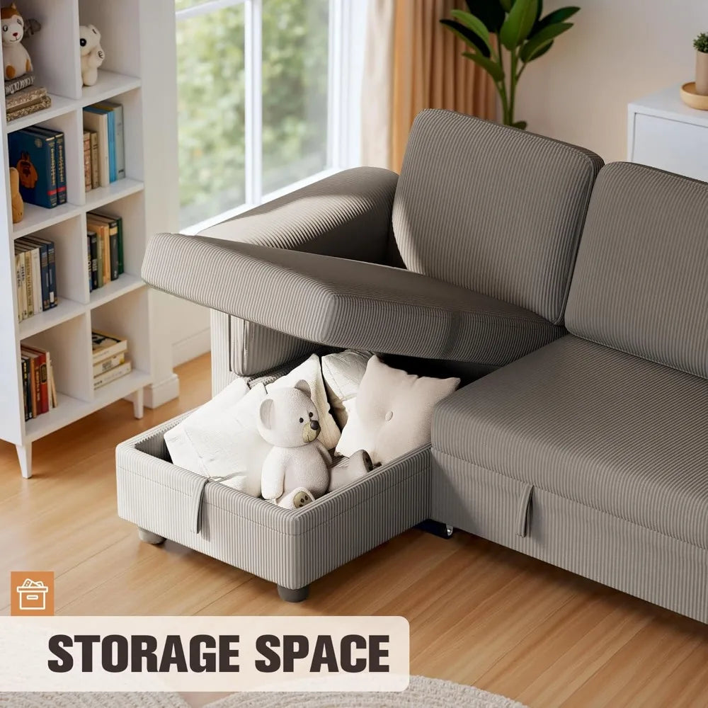 Pull Out Sleeper Couch with Storage and Reversible Chaise