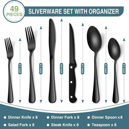 Black 49-Piece Flatware Set with Drawer Organizer