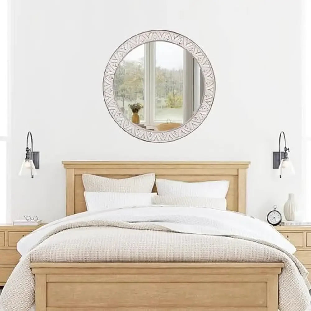 24" Round Distressed Wooden Frame - Decorative Wall Mirror