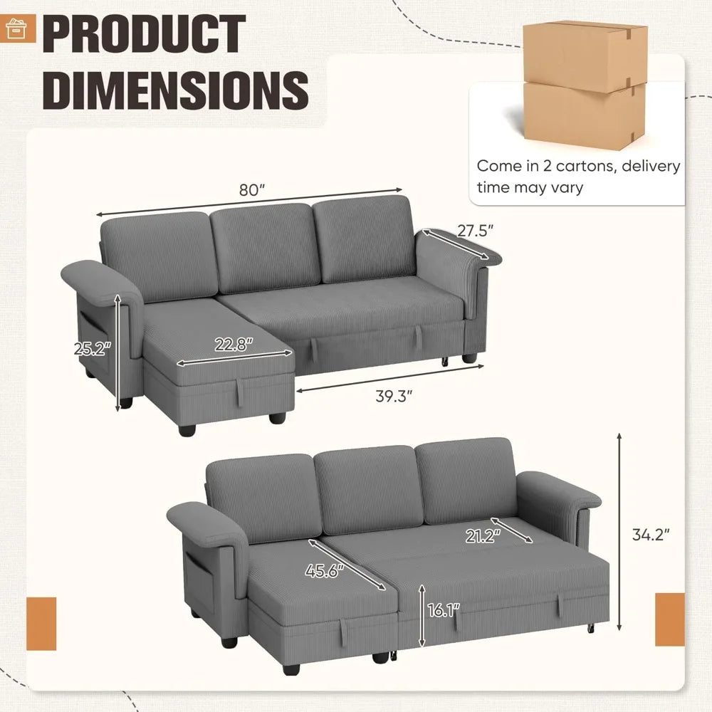 Pull Out Sleeper Couch with Storage and Reversible Chaise