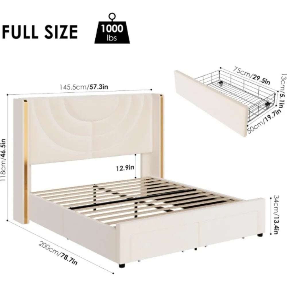 Upholstered Bed Frame with 2 Storage Drawers