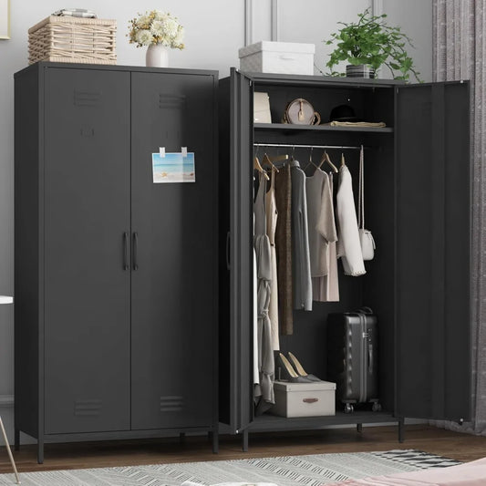 Heavy-Duty Rustproof Metal Storage Cabinet with Fixed Shelf and Hanging Rod