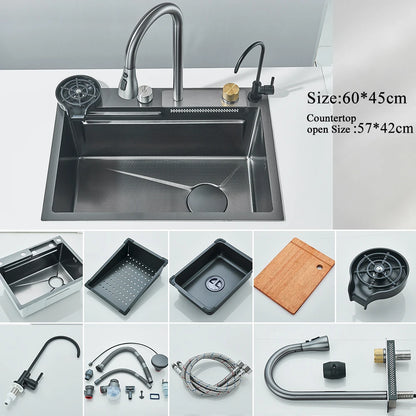 Stainless Steel Waterfall Kitchen Sink With Large Single Slot Integrated Digital Display, Faucet Set, Soap Dispenser And Cup Washer