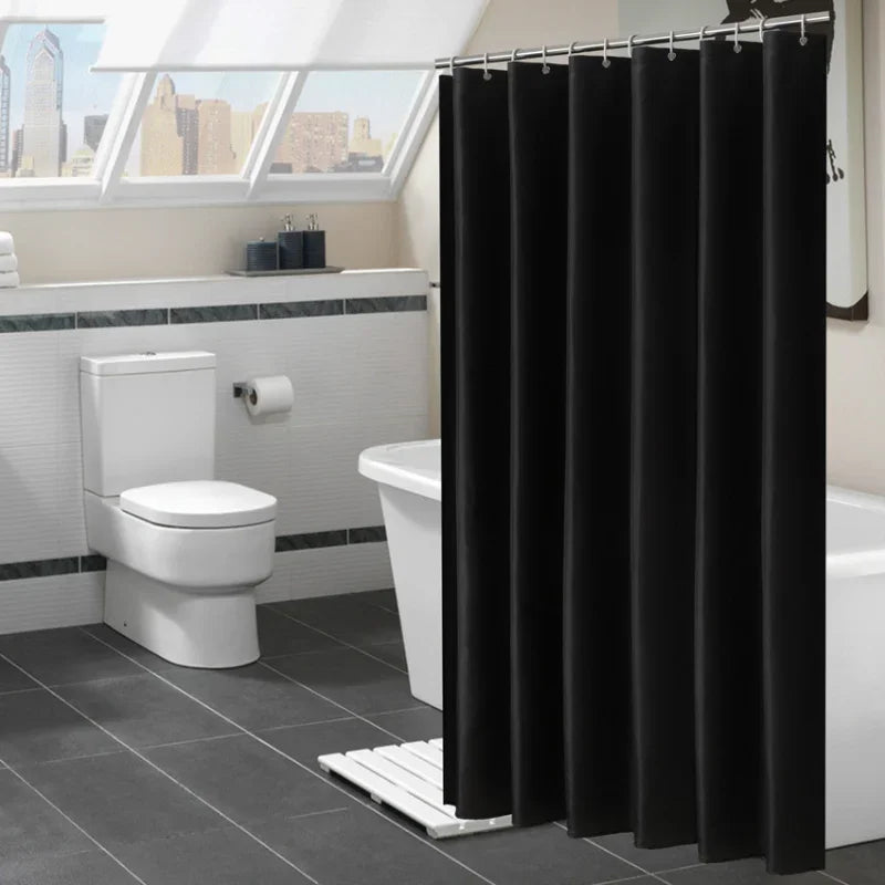Solid Black Waterproof Fabric Shower Curtains With Hooks