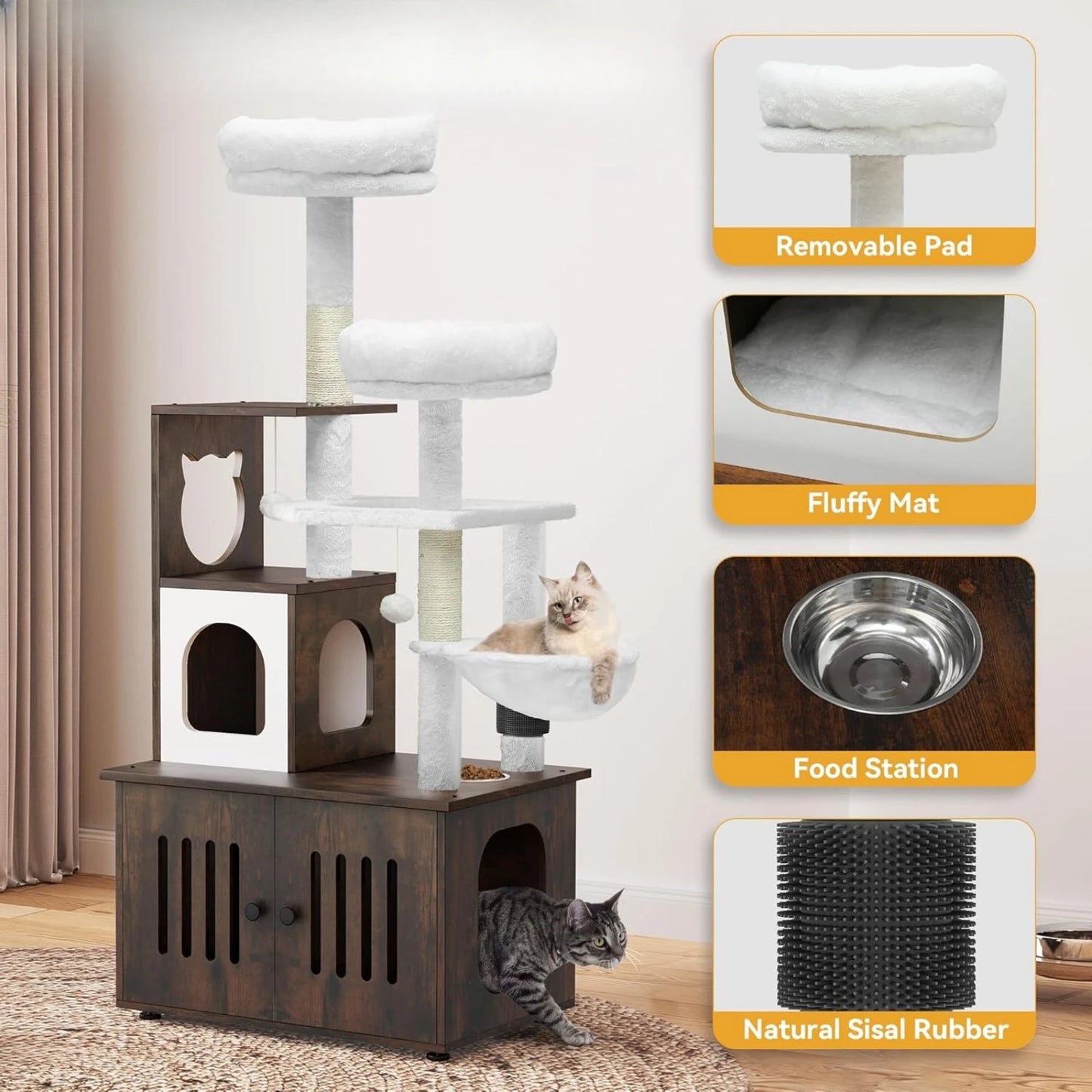 Indoor Cat Tree with Wood House And Litter Box Enclosure