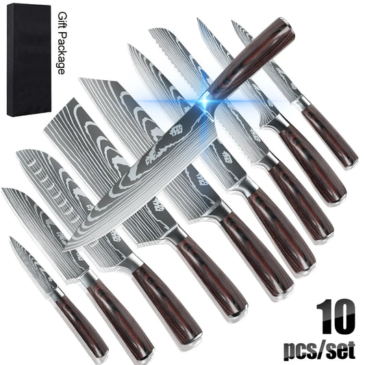 Laser Damascus Pattern Japanese Kitchen Knives Set  With Chef Knife