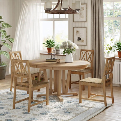 Extendable Round Wood Dining Room Table Set with Upholstered Chairs of 4-6 Persons