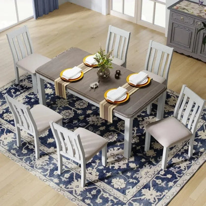 7-Piece Wooden Dining Table Set with 6 Upholstered Chairs