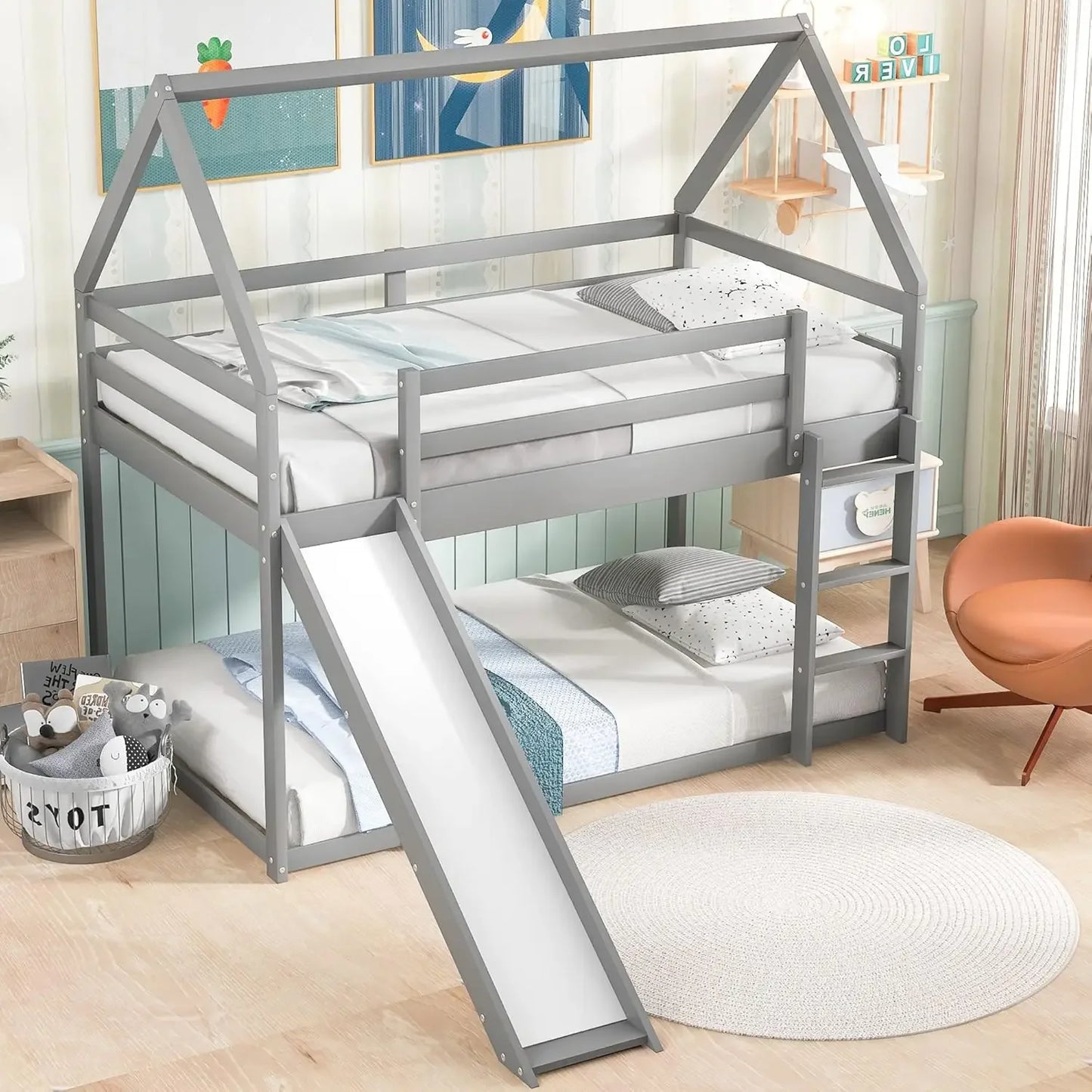 Kids Twin Over Twin Bunk Beds with Slide and Trundle with Stairs and Storage