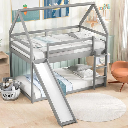 Kids Twin Over Twin Bunk Beds with Slide and Trundle with Stairs and Storage