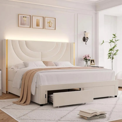 Upholstered Bed Frame with 2 Storage Drawers