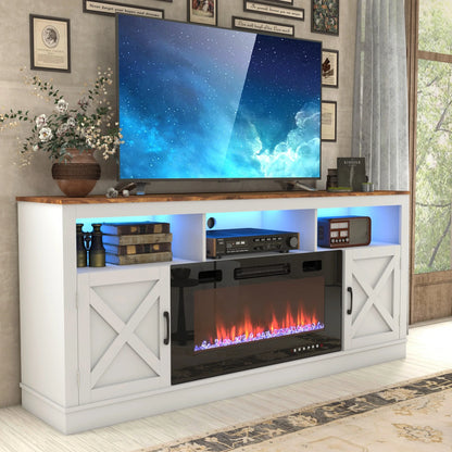 Farmhouse Fireplace TV Stand for 70/75/80” TV, 71” Entertainment Center with 36”Electric Fireplace & LED Light, White/Grey