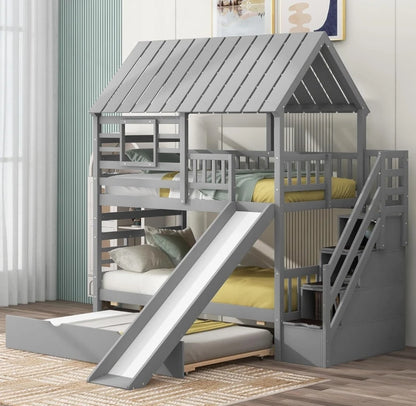 Kids Twin Over Twin Bunk Beds with Slide and Trundle