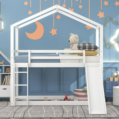 Kids Twin Over Twin Bunk Beds with Slide and Trundle with Stairs and Storage