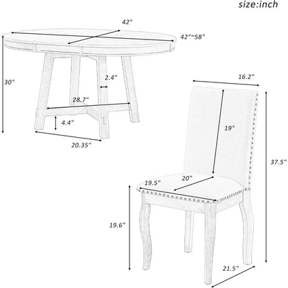 Extendable Round Wood Dining Room Table Set with Upholstered Chairs of 4-6 Persons